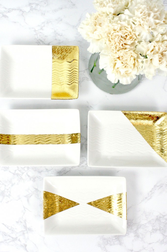 DIY Gold Leaf Jewelry Trays. Gold Leaf, Gold Foil, Gilded, Foil, Tray, Plate, DIY, DIY Gold Leaf, Jewelry Tray, Jewellery Tray, Home Decor, Pretty, Jewellery Holder, Jewelry Holder, Craft, Project, White and Gold, Decorative, Easy, Organization, Office, Desk, Gold Leafing, How to Gold Leaf Trays