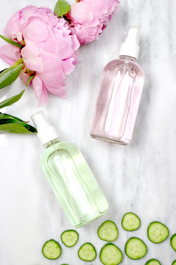 Bottles of DIY makeup setting spray made with rosewater and glycerin