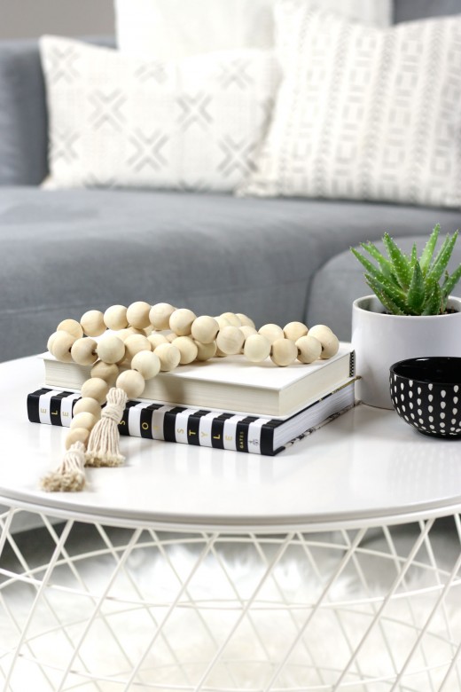 DIY wood bead garland on coffee table