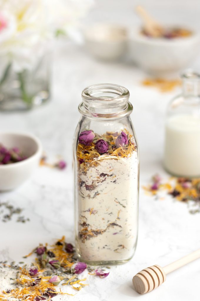 Homemade floral milk and honey bath